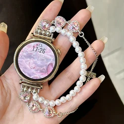 Luxury Love Heart Diamond Pearl Jewelry Strap - Women's Wrist Bracelet for Galaxy Watch 5 40 44 (Silver Pink)