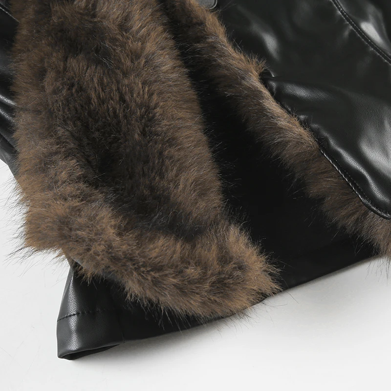 Faux Leather Fur Turndown Collar Jacket Korean Stylish Winter Cardigan Coat Punk Vintage 90s Women Outwear Chic Fall