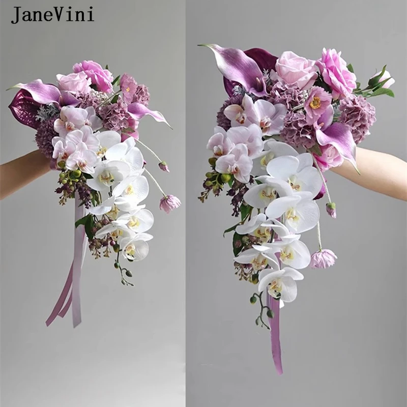 JaneVini Luxury Purple Waterfall Bridal Bouquets Artificial Silk Flowers Moth Orchid Cascading Bride Bouquet Wedding Accessories