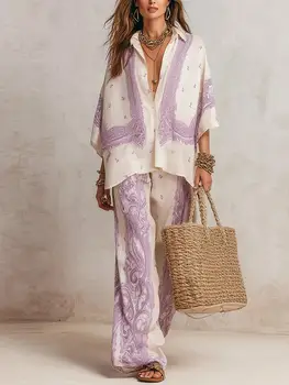 Summer Paisley Printing 2 Piece Set Women Elegant Lapel Long Sleeve Shirt Top & Wide Leg Pants Casual Loose Suit for Vacation 1