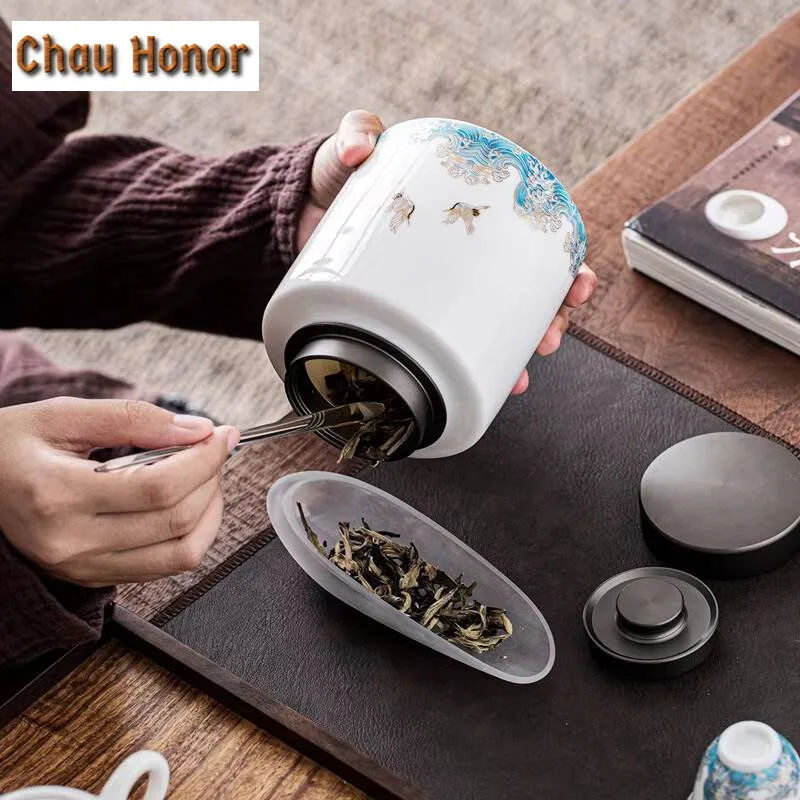 Mutton Fat Jade White Porcelain Auspicious Crane Guanhai Ceramics Tea Canister Candy Spices Storage Container Tea Ceremony Gift