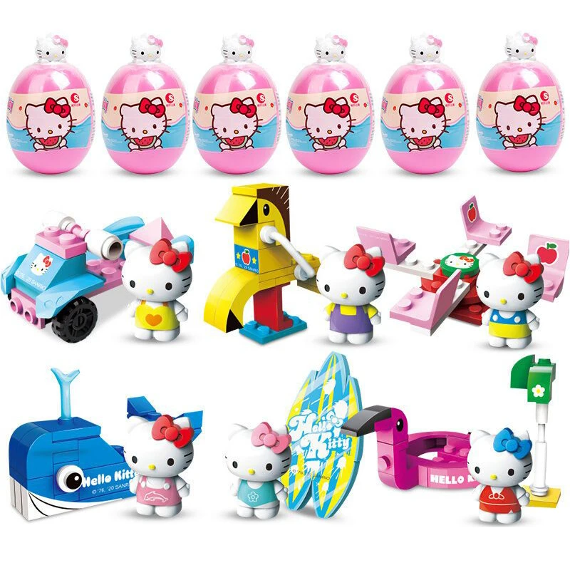 Sanrio Hello Kitty Toys Building Blocks Twisted Eggs KT Cat Third Generation Beach Park Kids Assembly Building Block Figural Toy