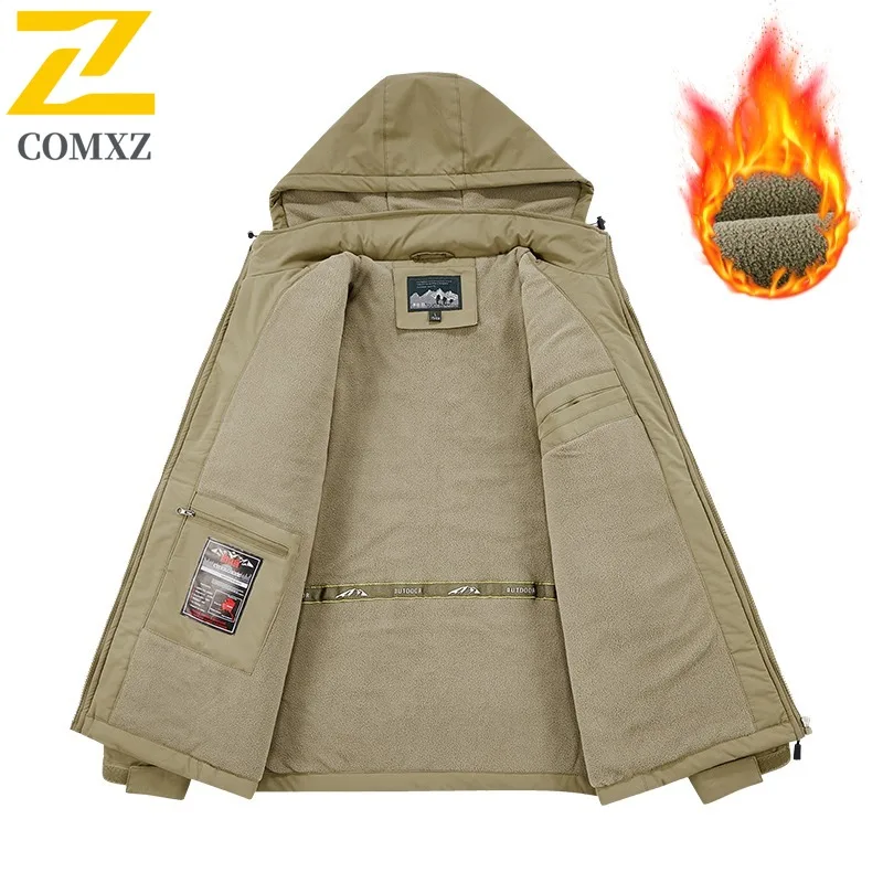 Workwear Style Mid Length Jacket for Men Plush Lined Windbreaker Cold Weather Windproof Multi Pocket Design Outdoor Casual Parka
