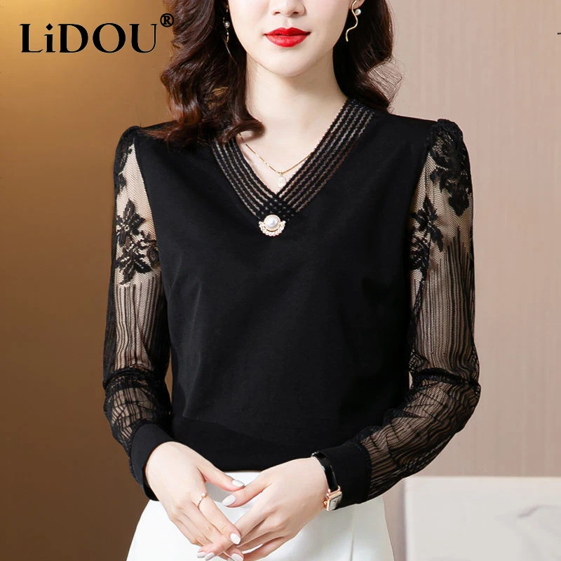 

Office Lady Grace V-neck Beaded Shirt Lace Hook Flower Splice Mesh Long Sleeve Spring Blouses Women Fashion Wild Top Oversized