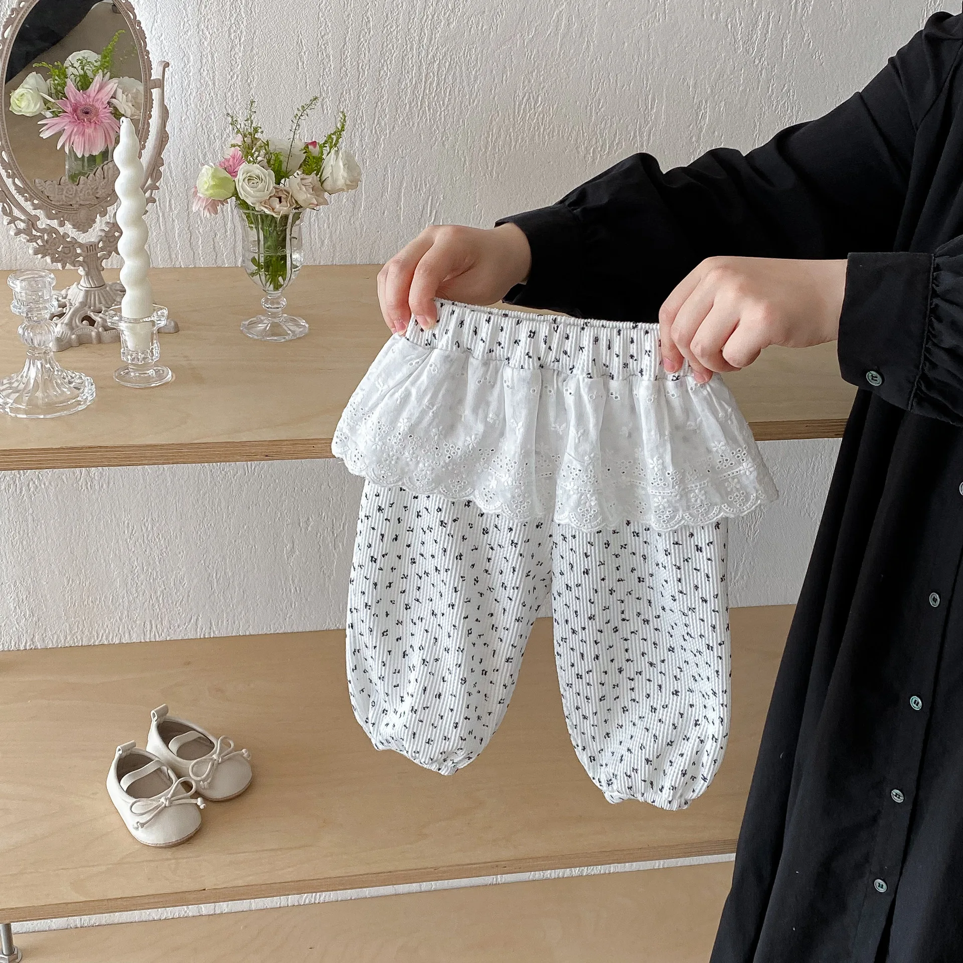 Girls Floral Print Waffle Trousers Autumn Kids Pants