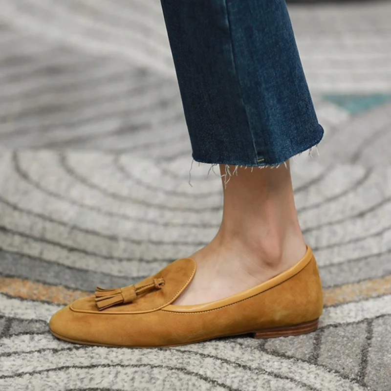 

Size 42 Round Toe Loafers Women Flats Korea Style Simple Flat Shoes Genuine Leather Lady Mules Spring Autumn Women Fringe Flats