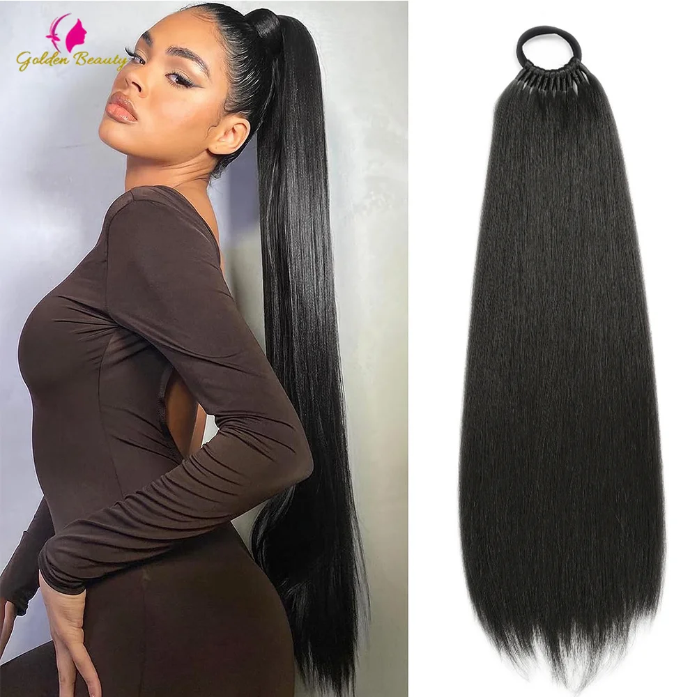 

24 Inch 32 Inch Synthetic Straight Ponytail Wrap Elastic Headband Pre Stretched Woven Headband Rubber Band Extensions