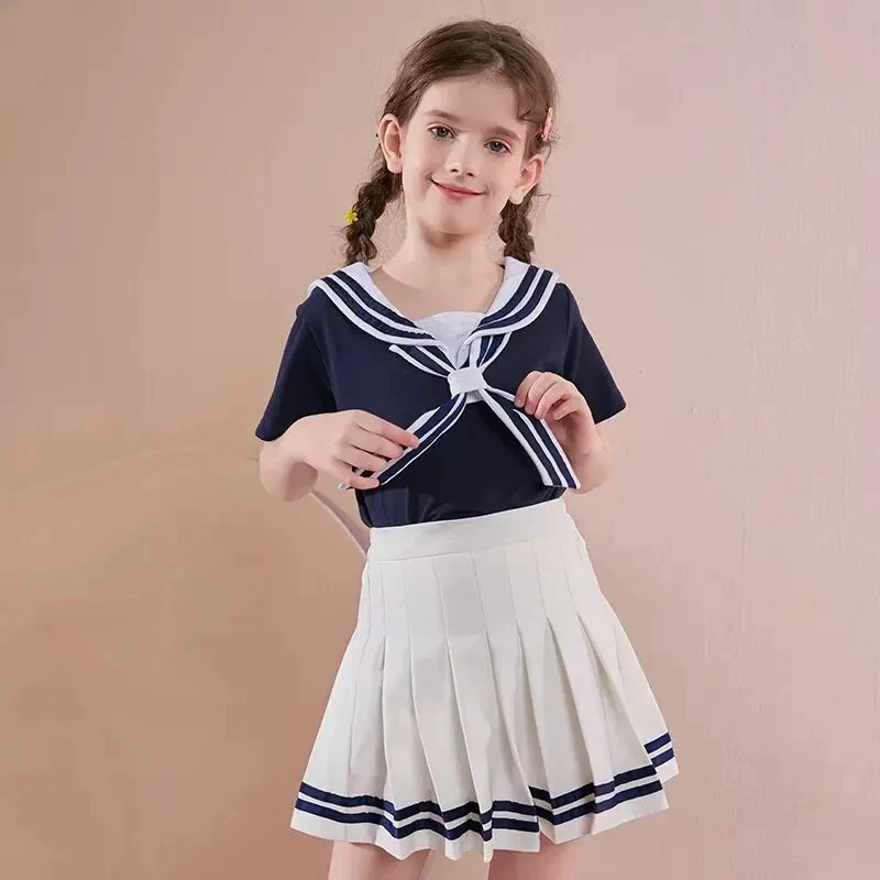 Girls Pleated Skirt Suits Summer Navy Style Children's Skirt 2 Pcs Sets Teen Girls Elementary School Uniforms Student Clothes cute Clothing Sets