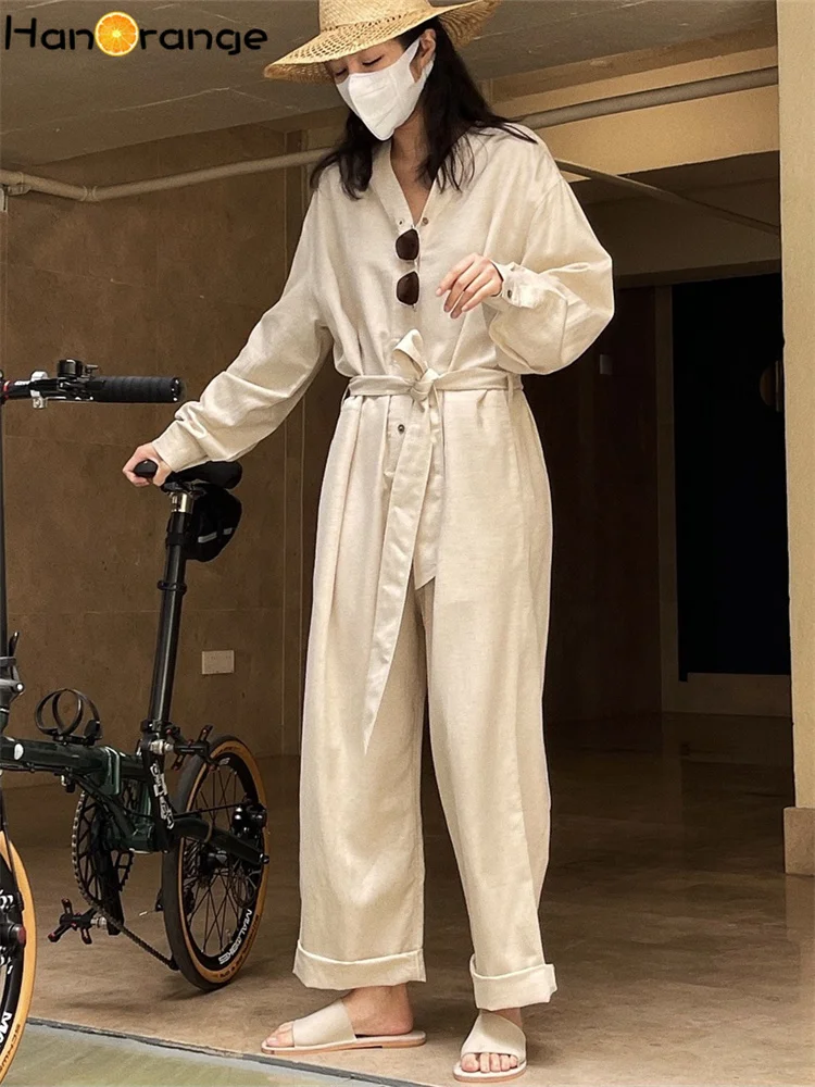 HanOrange 2024 Summer Lazy Linen V-neck Single-breasted Corset Jumpsuit Women Loose Silhouette Casual Trousers Black/beige 2024 new art retro women s v neck lace loose jumpsuit casual wide leg pants trousers y2k clothes baggy pants sweatpants fashion