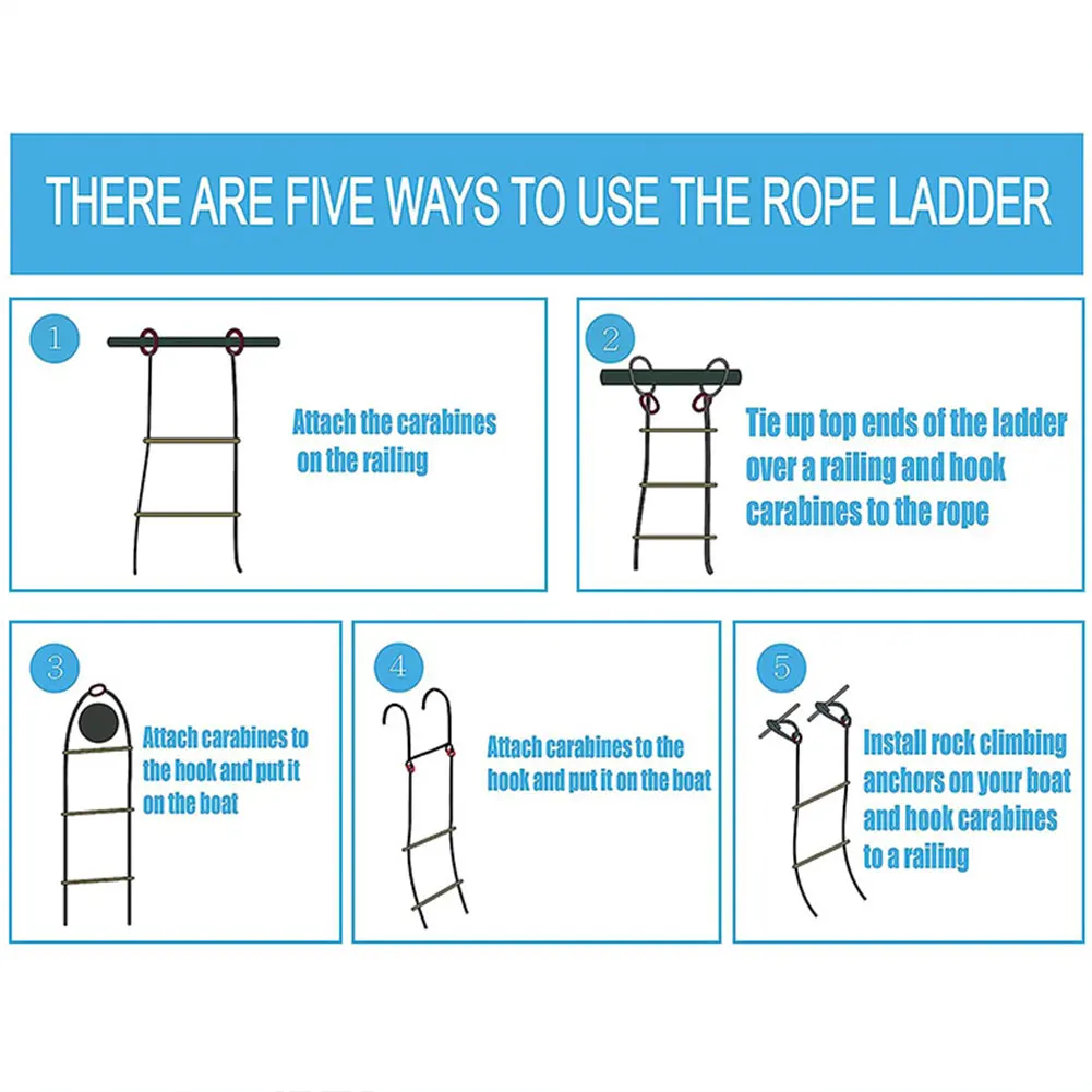 4 Step Heavy Duty Climbing Rope Marine Soft Rope Ladder Portable Lifesaving Boarding Ladder for Inflatable Boat Kayak Motorboat