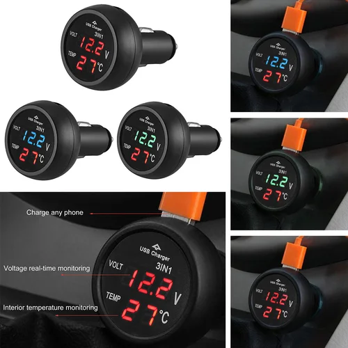 12/24V 자동차 전압계 디지털 LED 자동차 담배 라이터 전압계 온도계 자동차 트럭 USB 충전기 전류 측정기 전압 검출기 3