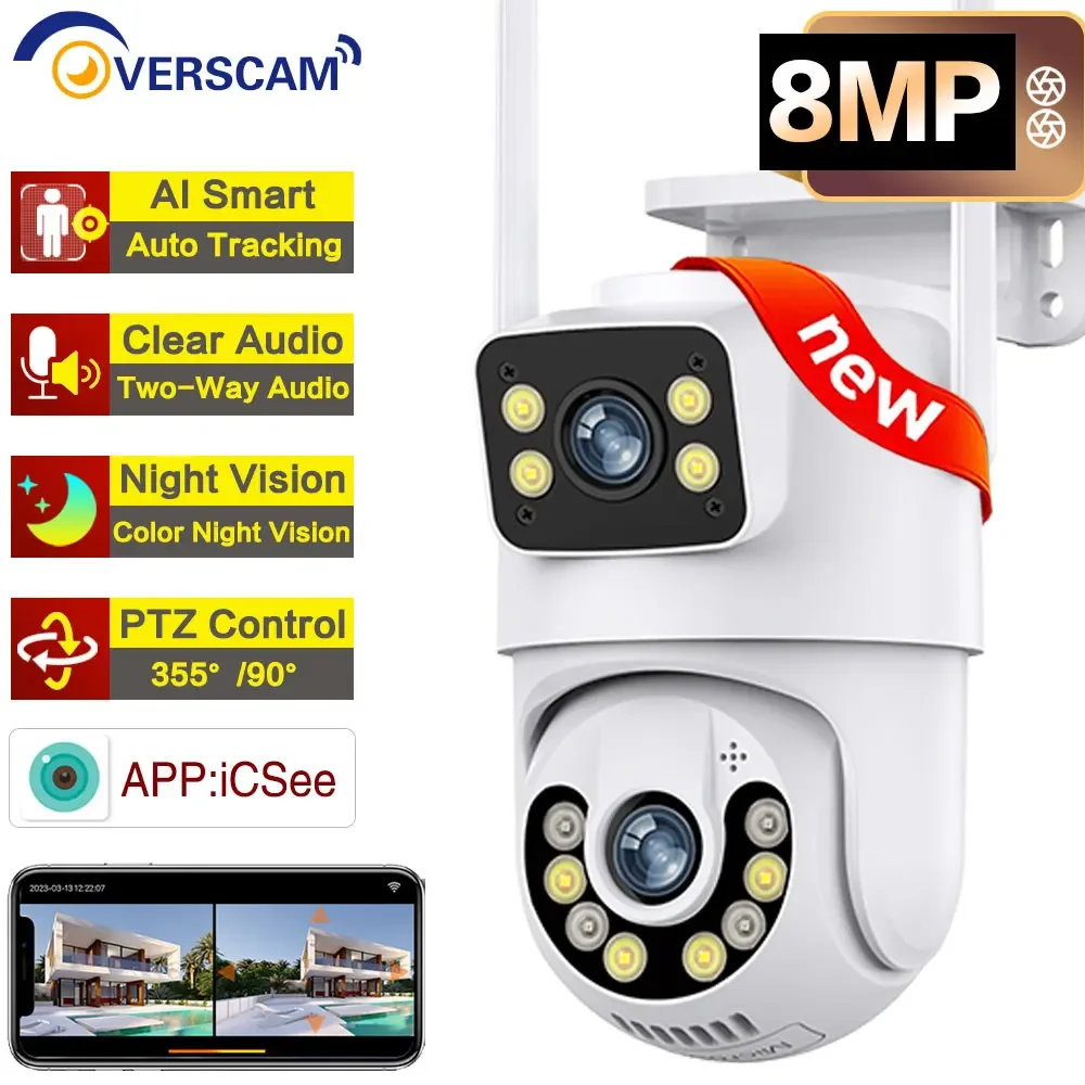 8MP 4K Wifi Camera Dual Lens Dual Screen Outdoor Security Night Vision Video Surveillance Camera Human Detection PTZ IP Camera