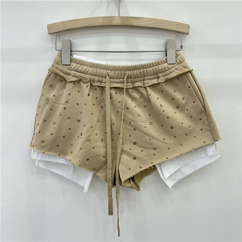 Casual Rhinestones Drawstring Shorts for Women 2024 Summer New Loose Women's High Waist All-Matching Irregular Short Sweatpants