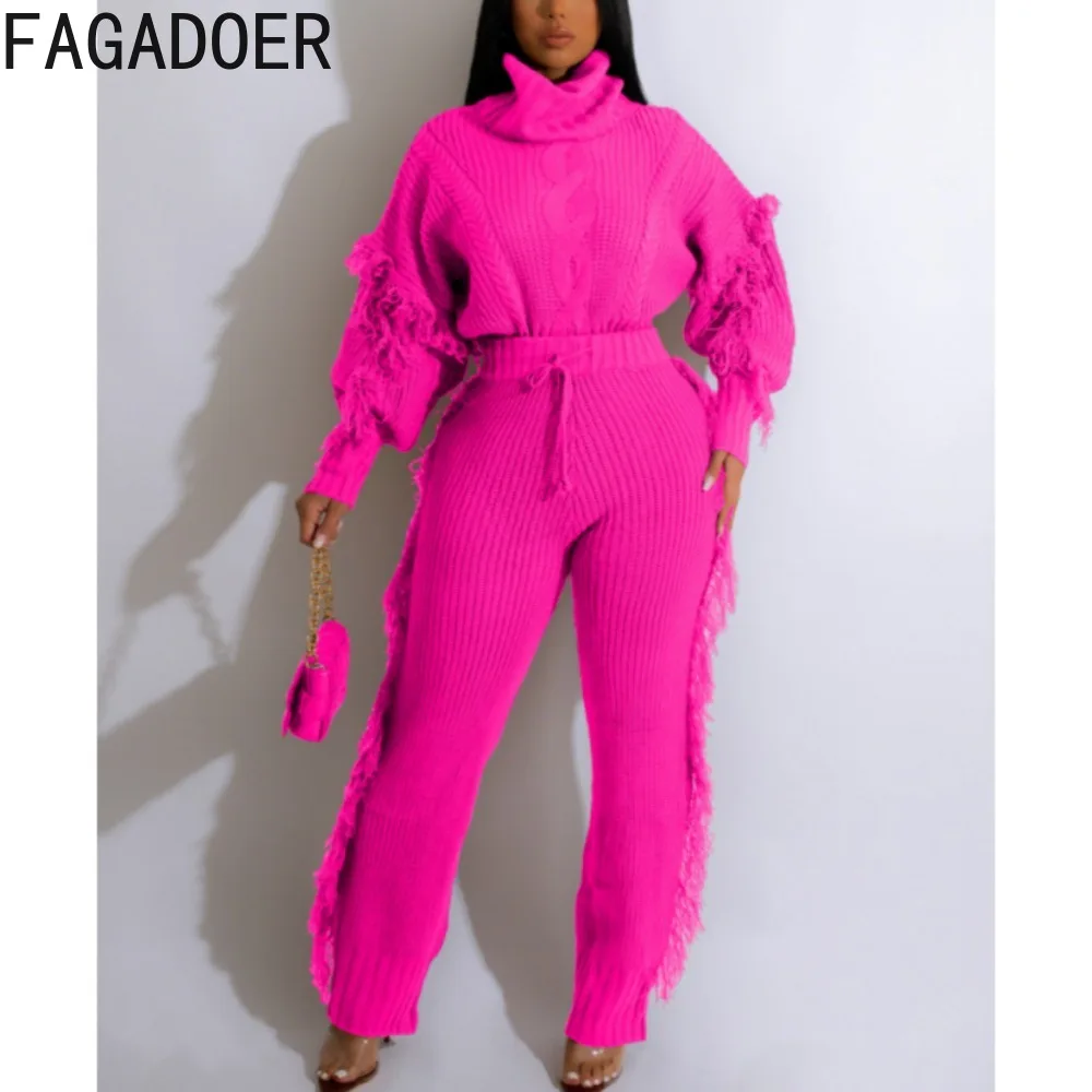 FAGADOER Autumn Winter Knitting Tassels Two Piece Sets Women Turtleneck Long Sleeve Pullover And Pants Tracksuits Casual Outfits