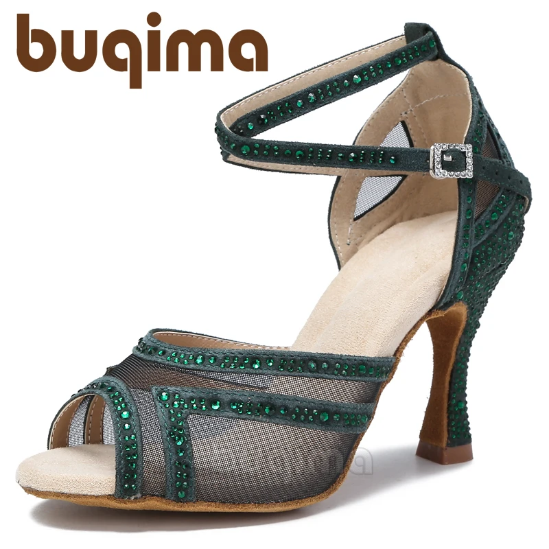 Buqima Women Latin Dance Shoes Rhinestones Soft Bottom Salsa Shoes For Dancing Ladies Sandals Women's Wedding Hight Heels 7.5CM