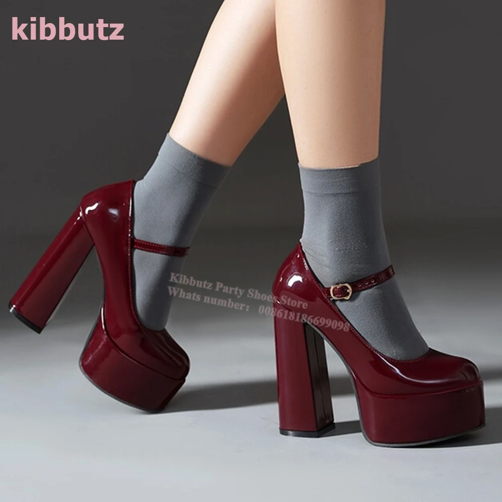 Mary Jane Pump Shoes Platform Patent Leather Pointed Toe Square Heels Solid Color Fashion Elegant Sexy Elegant Women Shoes New