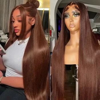 13x6 HD Chocolate Brown Bone Straight Lace Front Wig 36 Inch Lace Frontal Wig Human Hair Pre Plucked #4 Colored Human Hair Wig 1