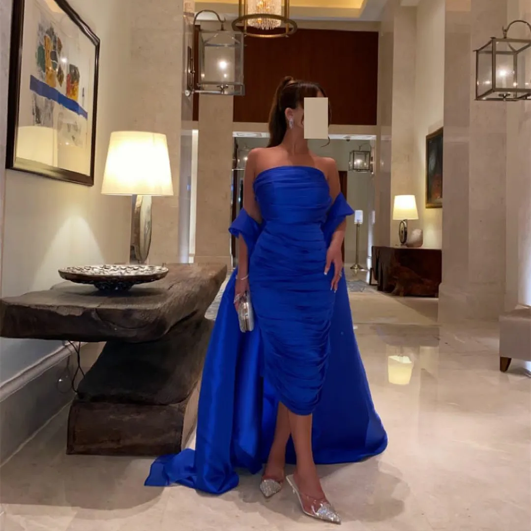 

Short Royal Blue Evening Dresses With Slid Train Sheath Satin Prom Gowns Robes de soirée Tea Length Party Dress Вечерние платья