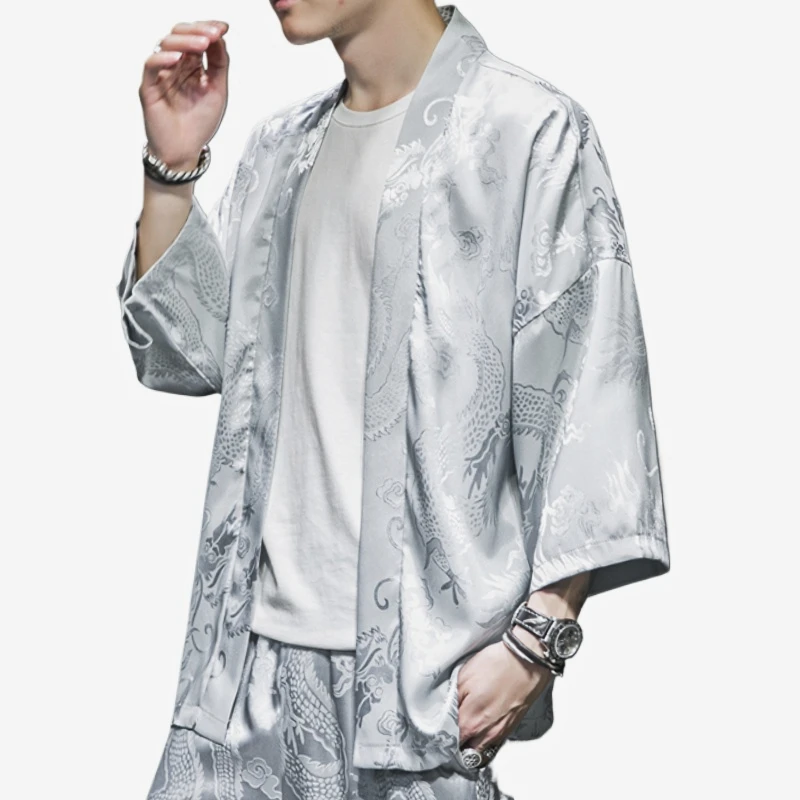 Kimono Cardigan Jacket Men&rsquo;s Japanese Summer Yukata Yuki Obi Japanese Dragon Coat Traditional Japan Clothing Outwear