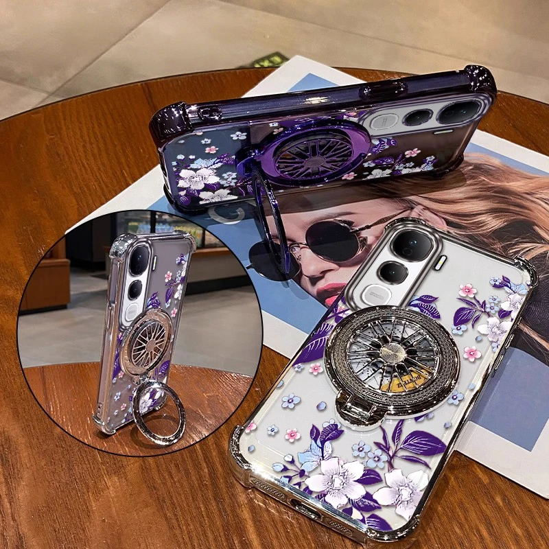 Purple Flowers Plating Phone Case with Bracket and Lanyard
