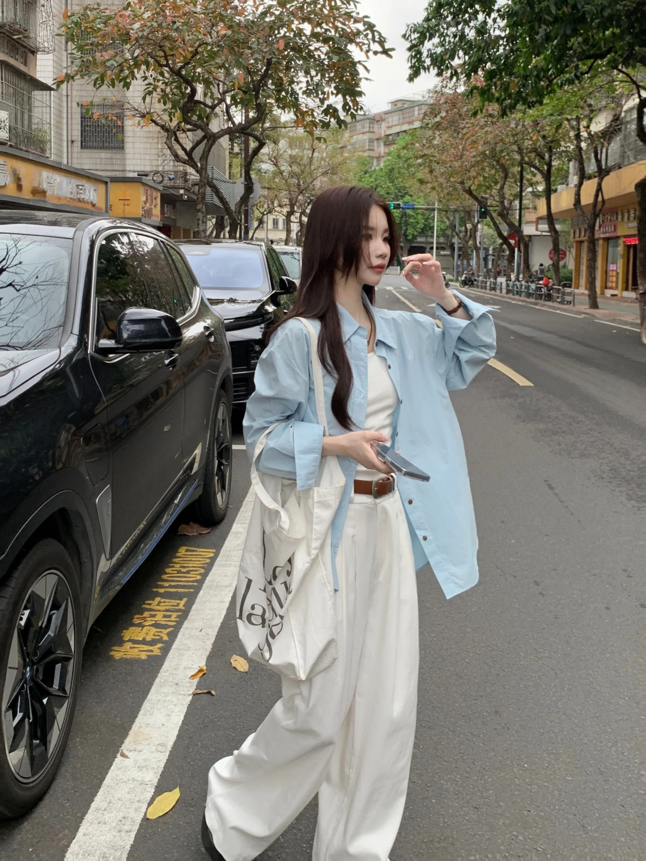 여름 여성 옷깃 캐주얼 긴 소매 셔츠 루즈핏 심플 다용도 탑 와이드 레그 팬츠 2 피스 세트 패셔너블 다용도