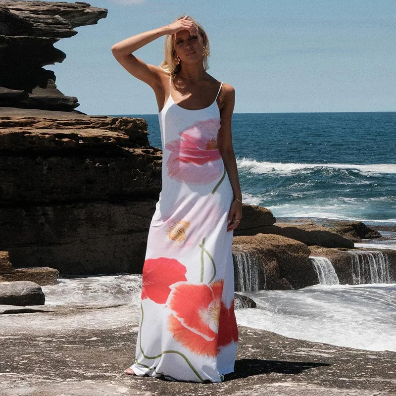 Vestidos de moda con cuello halter ajustado y estampado para mujer, vestido largo elegante sin espalda y cintura alta, vestido de fiesta de verano 2025.