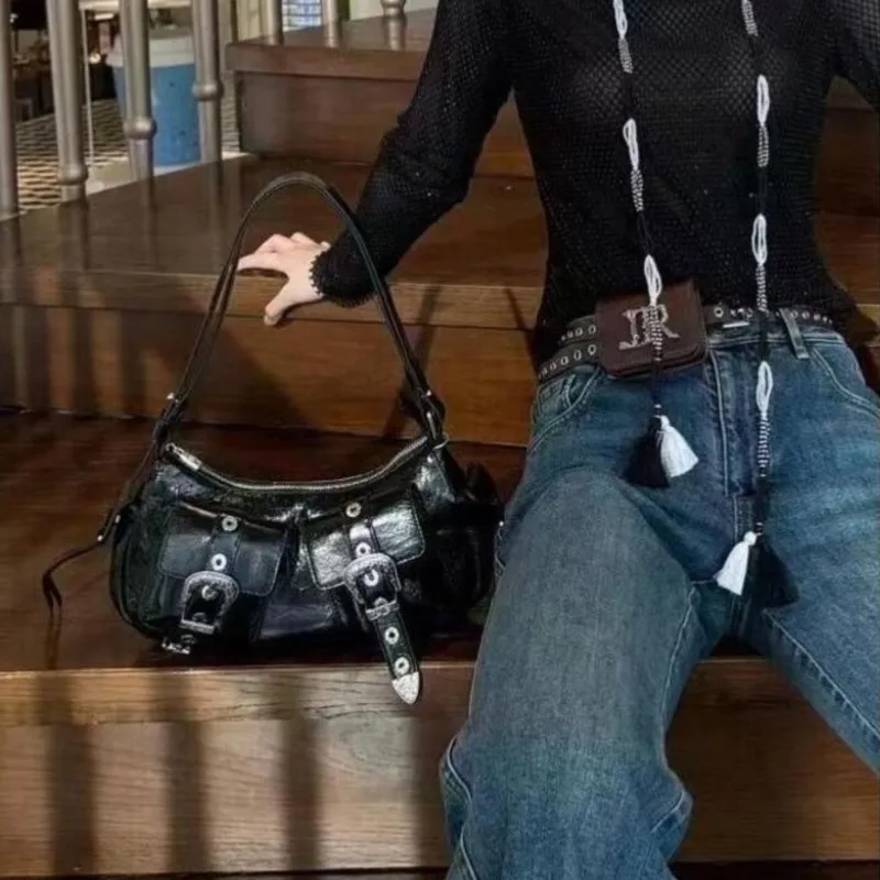 Sweet Cool Hot Girl Black Handbag Women Leather Buckle Large Capacity Underarm Bag Ladies Fashion Premium Y2k Shoulder Bags 2025