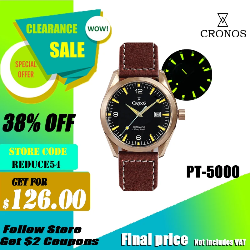 Cronos Diver Men Watch Bronze Cusn8 Automatic Pt5000 Sw200 Sapphire Crystal See Through Back Cinturino In Pelle 20Atm Data L6003