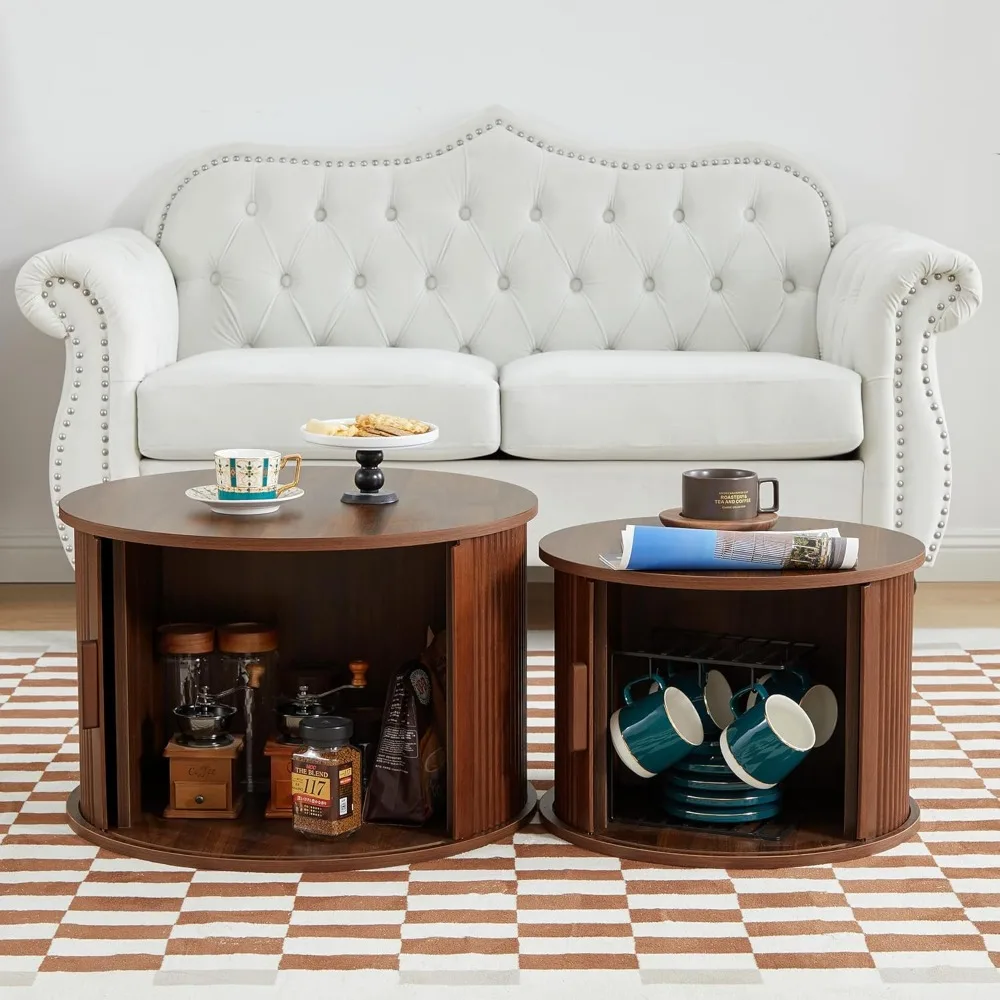 Modern Round Coffee Table Set of 2 with Storage Compartment and Sliding Door, Side End Accent Table for Living Room, Bedroom 4