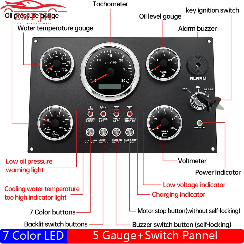 Marine Boat 5 Gauge Set with 7 Color Light 85MM Tachometer+Fuel Level Gauge+Water Temp Meter+Oil Pressure Gauge+Voltmeter 52MM