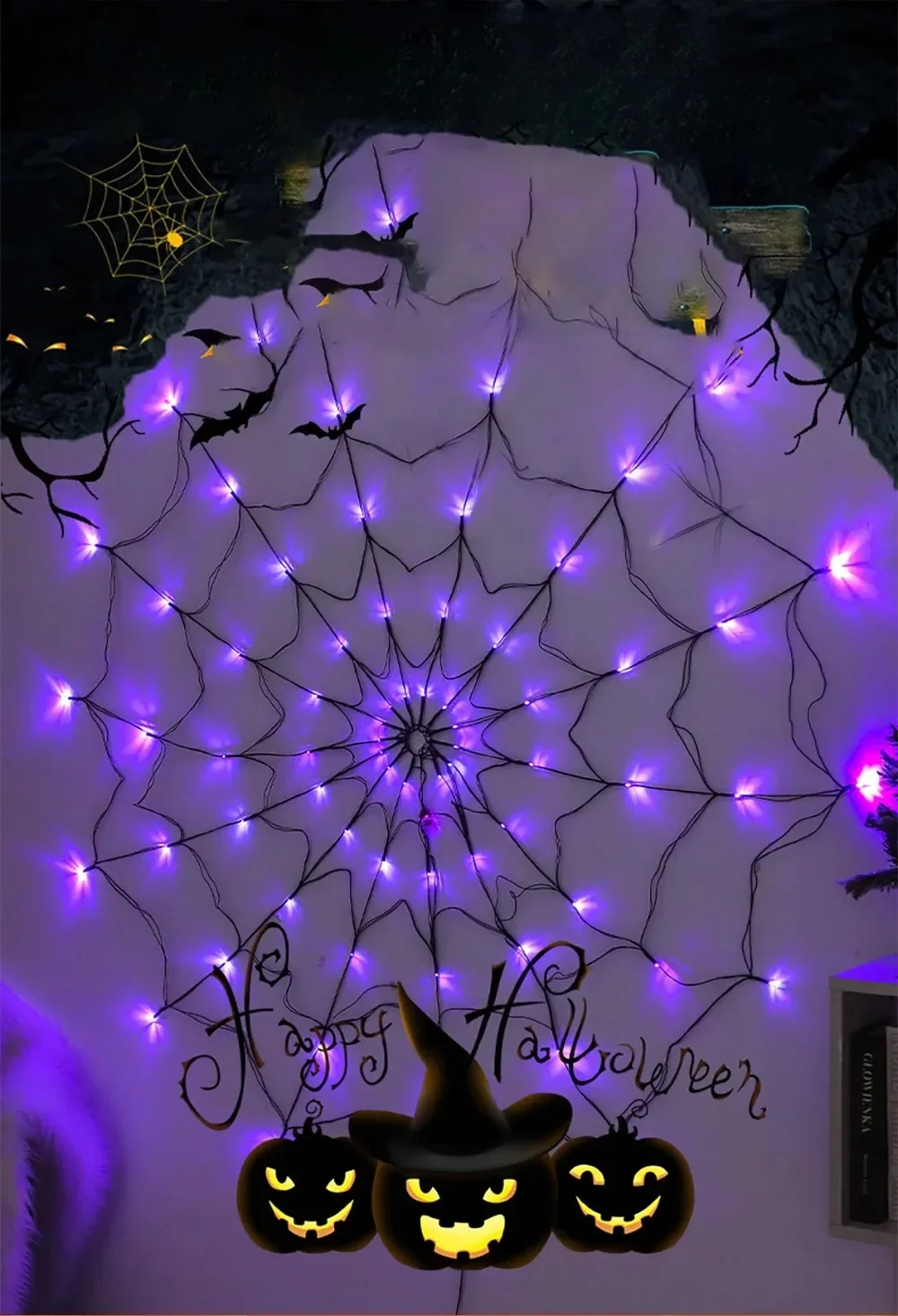 Description Picture 4 of item2024 LED Halloween Light Spider Web Decoration Lights 8 Modes Remote Control Spider Net Lamp Decorative Atmosphere Party Light