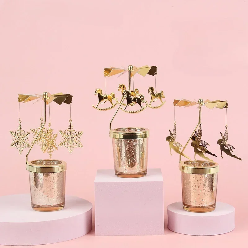 Rotating Candle Stick Holder Gold Candlestick Romantic Valentine's Gift Party Room Decor Carousel Candle Stand Home Ornaments candle holders