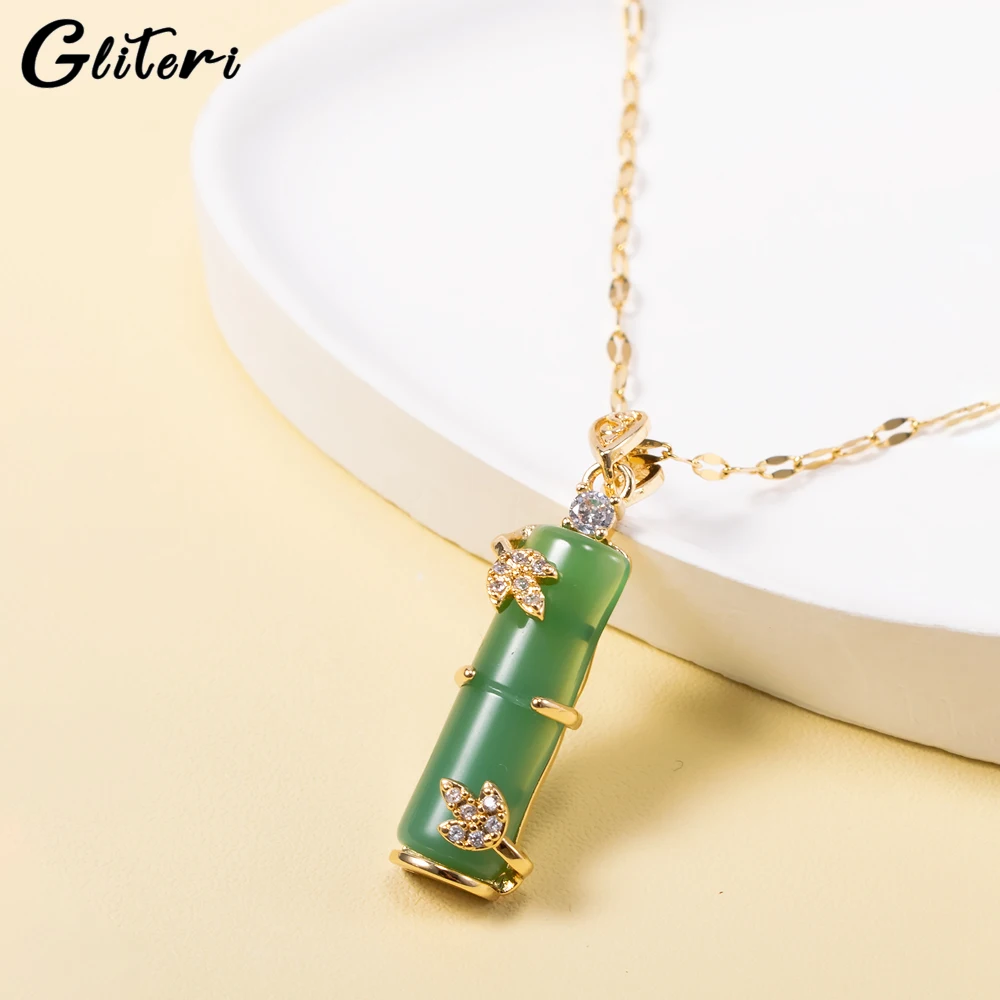 

GEITERI Fashion Bamboo Pendant Necklaces For Women Girls Titanium Steel Chain Jade Bamboo Joint Choker Jewelry Birthday Gift New