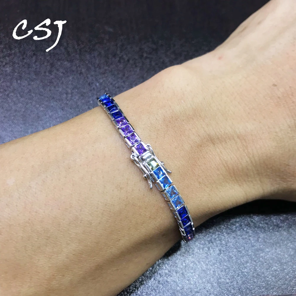 

CSJ Tennis Bracelet 925 Sterling Silver Birthstone Hip Hop Sparking Chain 18cm 1.75-3mm Colorful CZ for Women Man Party Jewelry