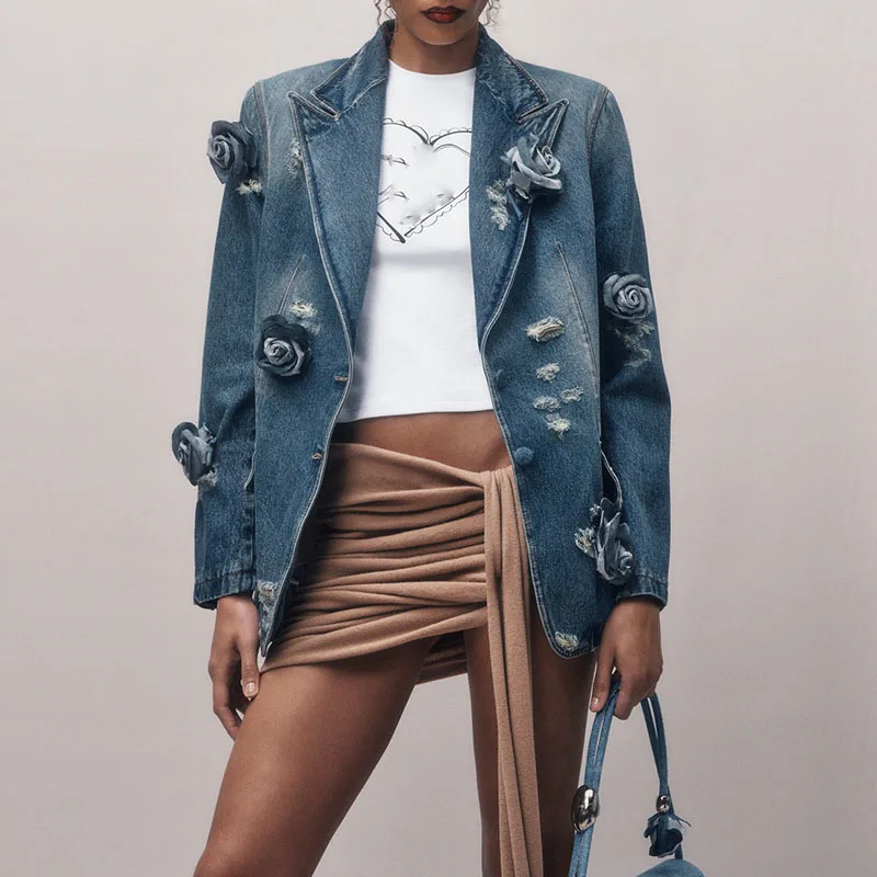 

Women's Clothes Retro Blue Detachable Flower Lapel Denim Jacket Fashion Long Sleeve Single-breasted Coat High Quality New 2024