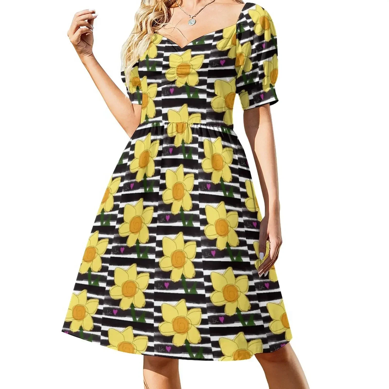 Vestido de manga corta con estampado de girasoles, vestido ajustado, ropa de mujer, novedades, vestido de lujo.