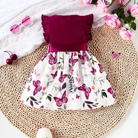 Baby Girl Butterfly and Plant Print Ruffle Sleeve Belt Dress 4