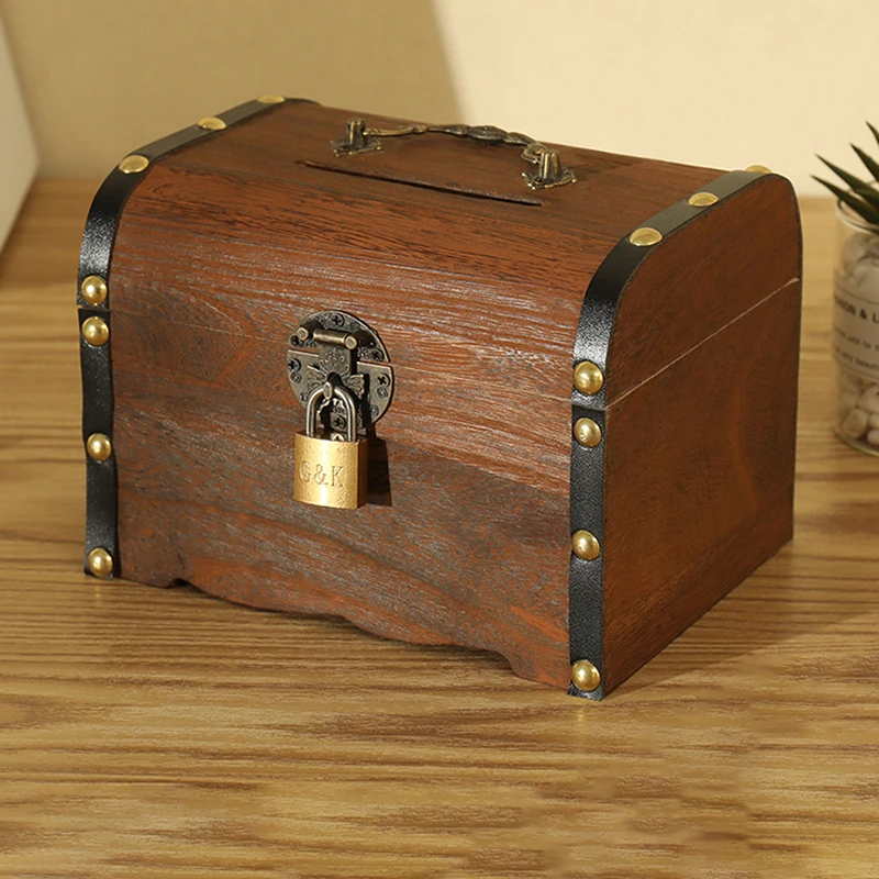 Wooden Retro Treasure Chest Piggy Bank Decorative Box With Lock, Coin, Banknote Storage Box Safe Money Box Gift 4