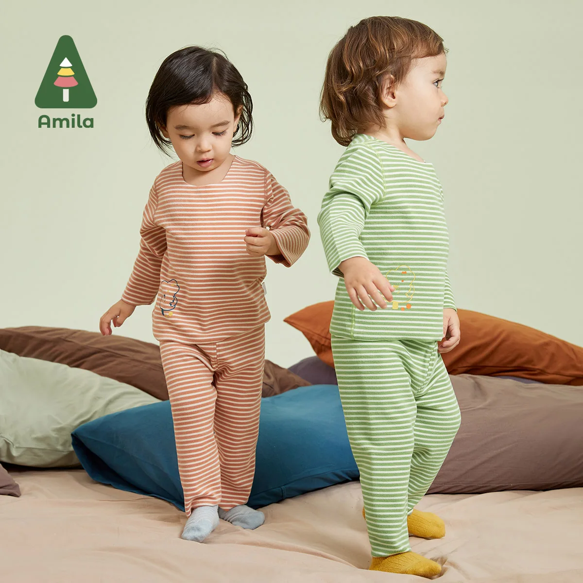 Amila Baby Underwear Set Autumn New Seamless Cutting Colors Pattern Printing Boys Girls Cotton Children Homewear Clothes