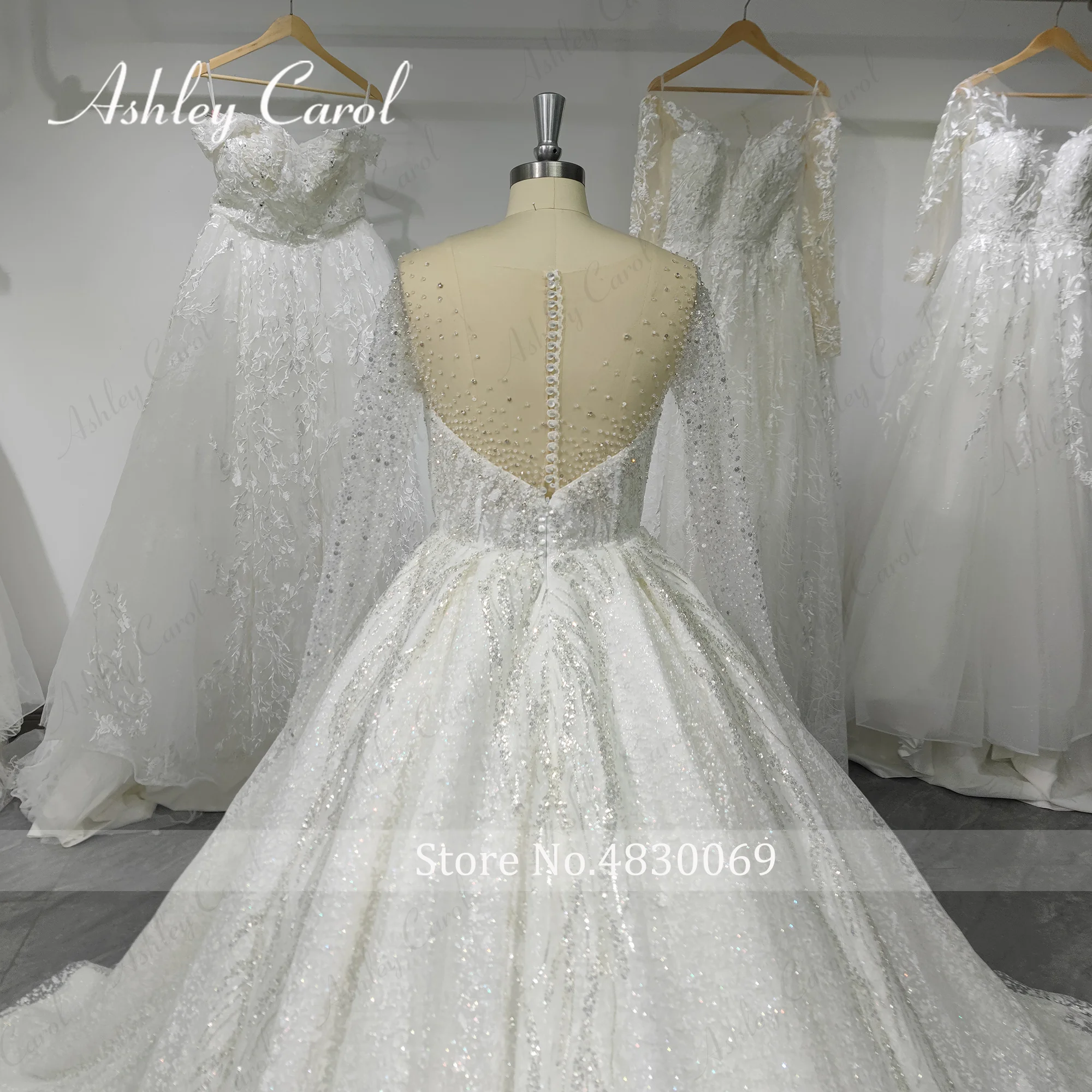 Ashley Carol Long Sleeve Wedding Dress Real photos 2023 Shining Beading Lace Up Invisible Neckline Wedding Gown Vestido De Novia 6
