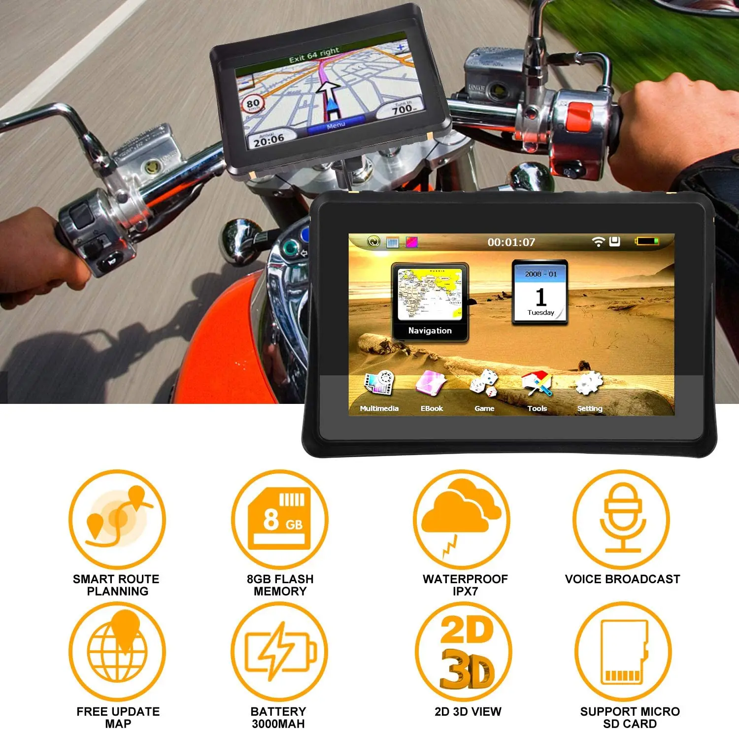 7 Inch Motorcycle GPS Navigation 8GB 256MB Ultra Bright Rain-Resistant Voice GPS Navigation Cars Wince 6.0 System