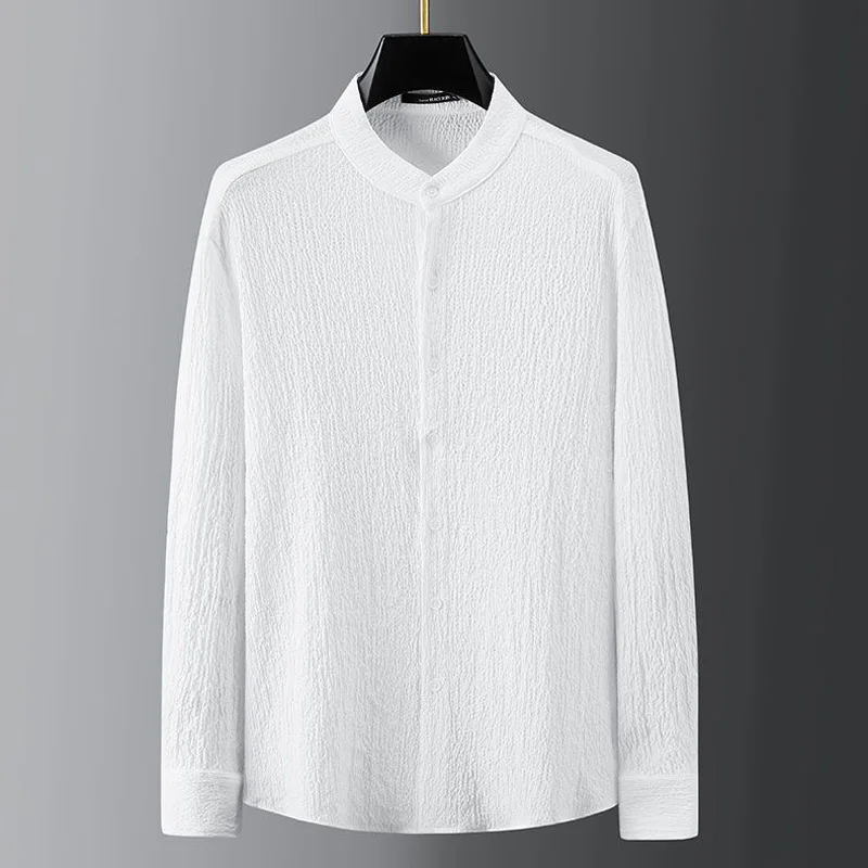 Spring/Summer New Casual Light Thin Set For Men Stripe Standing Neck Man Shirt Paired With Pants Style White Suit 2024 Autumn 4
