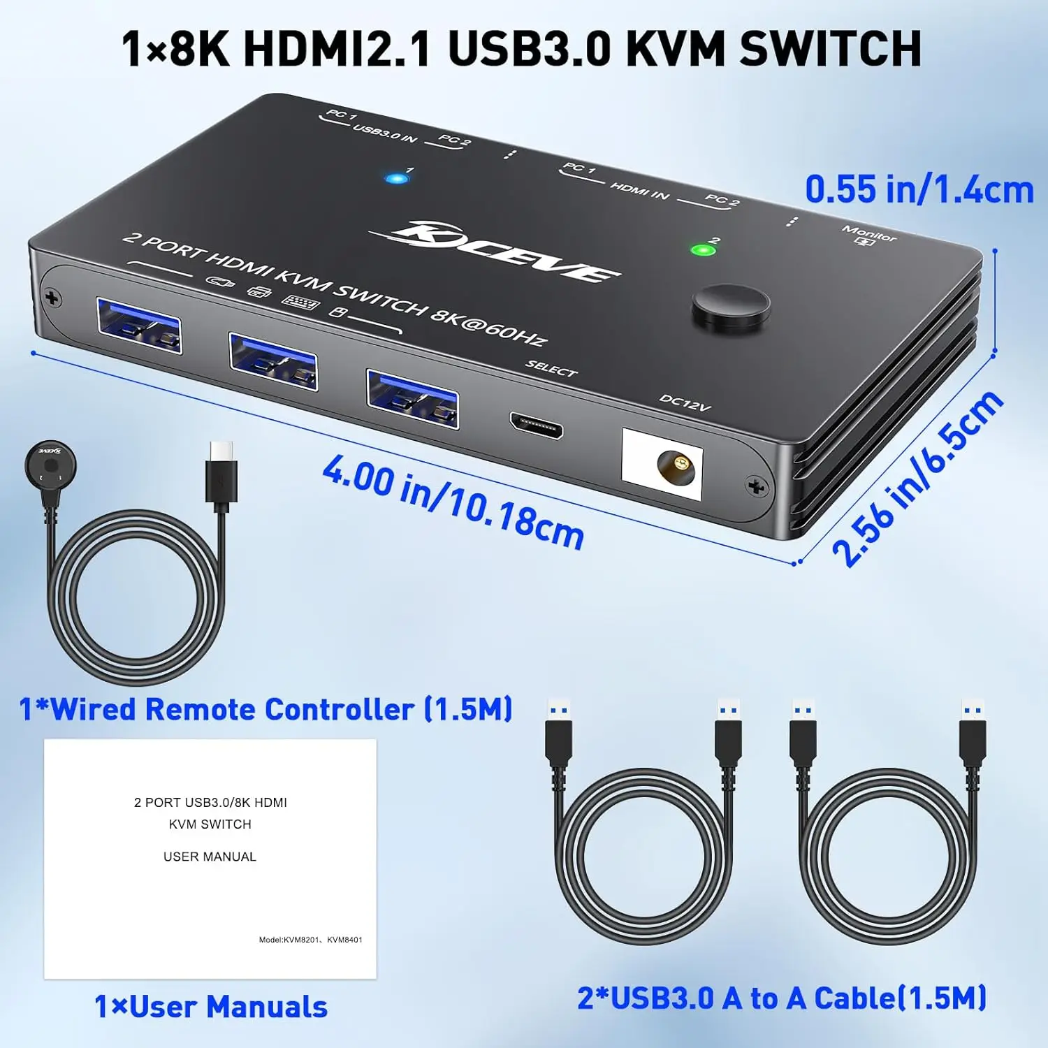 thumbnail image 2 of KCEVE 2 Port HDMI KVM Switch - 8K@60Hz 4K@120Hz Dual Computer Switch With USB 3.0 2 of 9