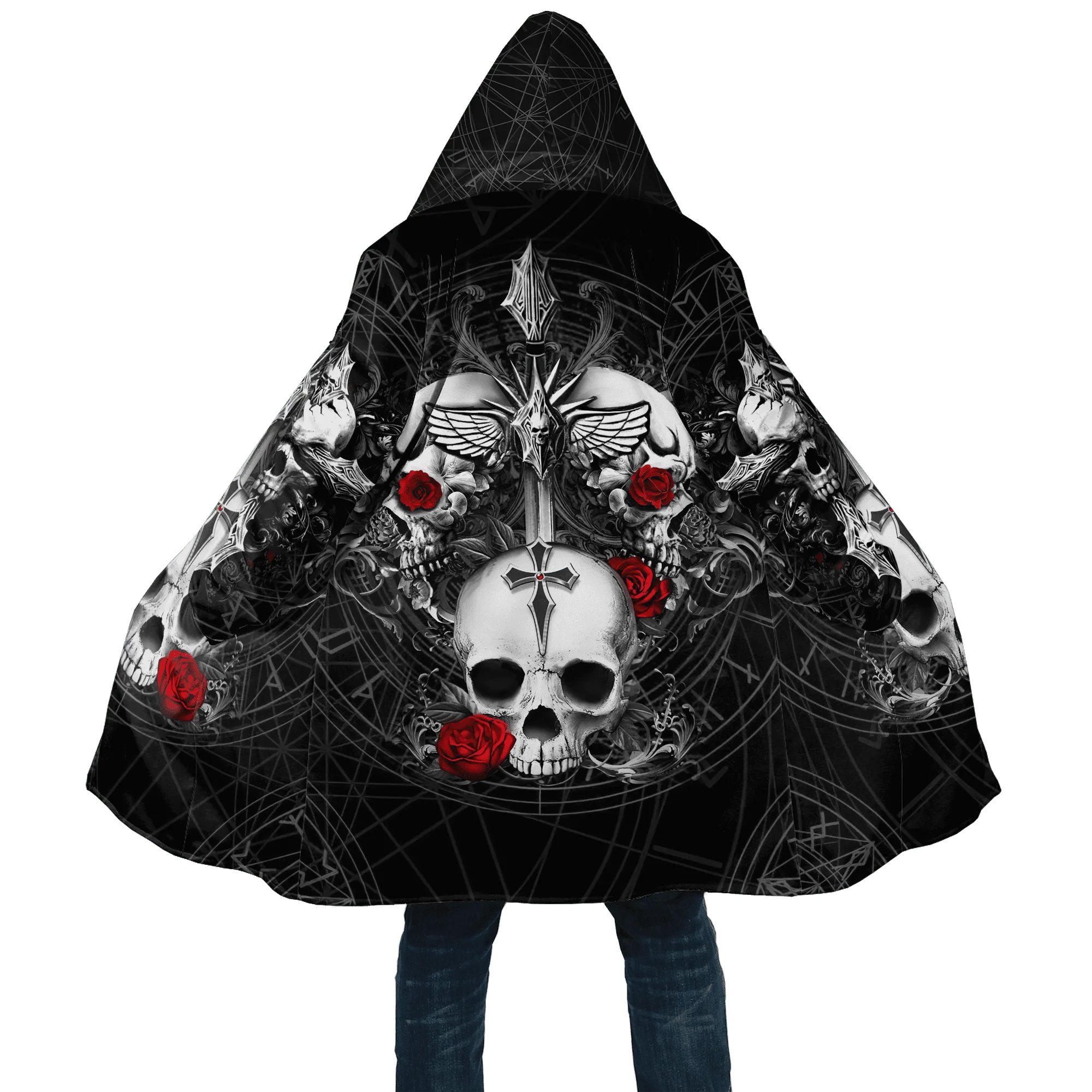 PLstar Cosmos Herren-Umhang, Totenkopf, Teufel, Tattoo, 3D-Allover-bedruckter Fleece-Kapuzenumhang, Unisex, lässig, dick, warm, Umhang, Mantel PF71 – Detail 27