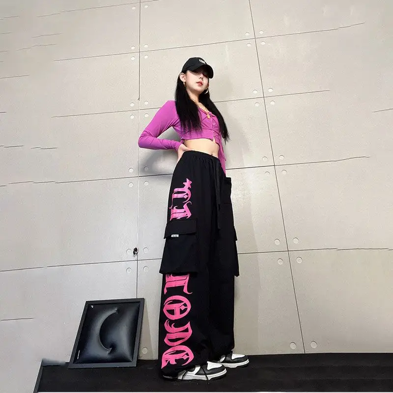 

American Hip Hop Street Retro Black Rose Powder Printed Women Casual Pants Female Y2K Fashion Joker Casual Loose Wide-Leg Pants