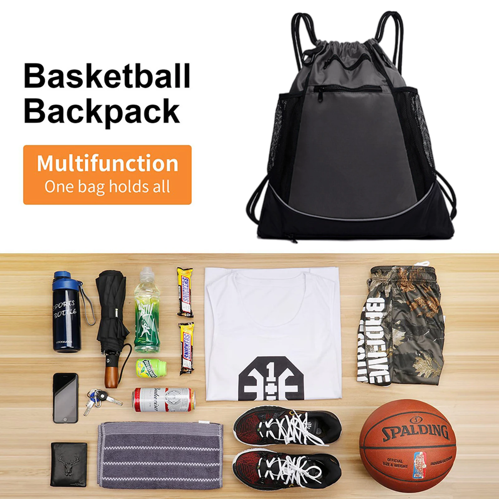 Drawstring Waterproof Basketball Backpack Portable Backpack Gym Bag With Detachable Ball Mesh Bag Concealed Mesh Travel