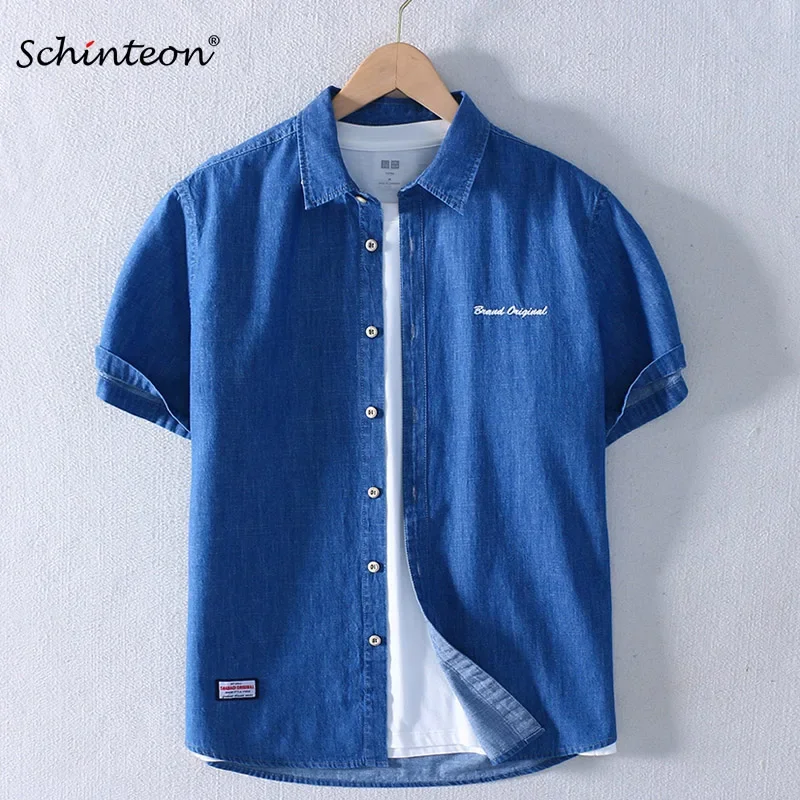 Schinteon Men Summer Thin Pure Cotton Denim Short sleeved Shirt Casual Turn-down Collar Letter Embroidery Jeans Top