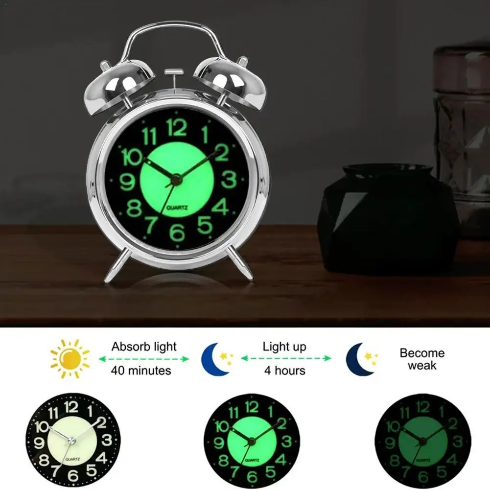 

Металлический будильник, 1 шт., 4-дюймовый ретро-будильник с двойным колокольчиком, бесшумные перезаряжаемые часы с фотоэлементами для рабочих условий сна Depot