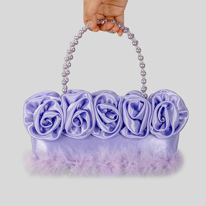 

Silk Plush Designer Luxury Bag Handbag Bags For Women 2023 New Fashion High Quality Shiny Pearl Flower Evening Clutch Bag Purse