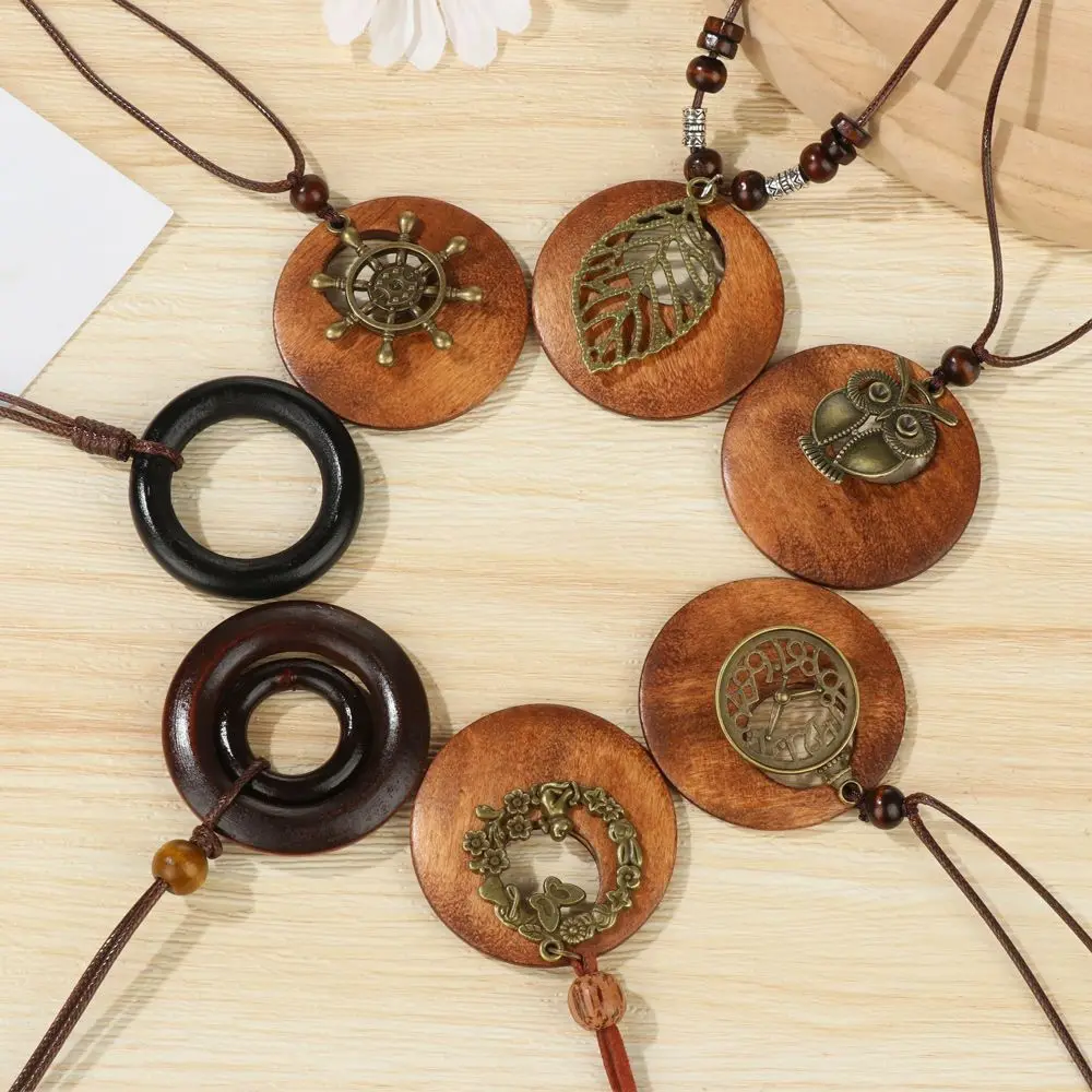 Vintage Wooden Pendant Necklace with Ethnic Chain and Clock Accent